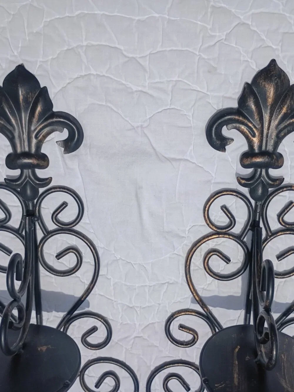 Vintage Wrought Iron Wall Sconces Fleur de Lis Pillar Candle Holders Black Gold